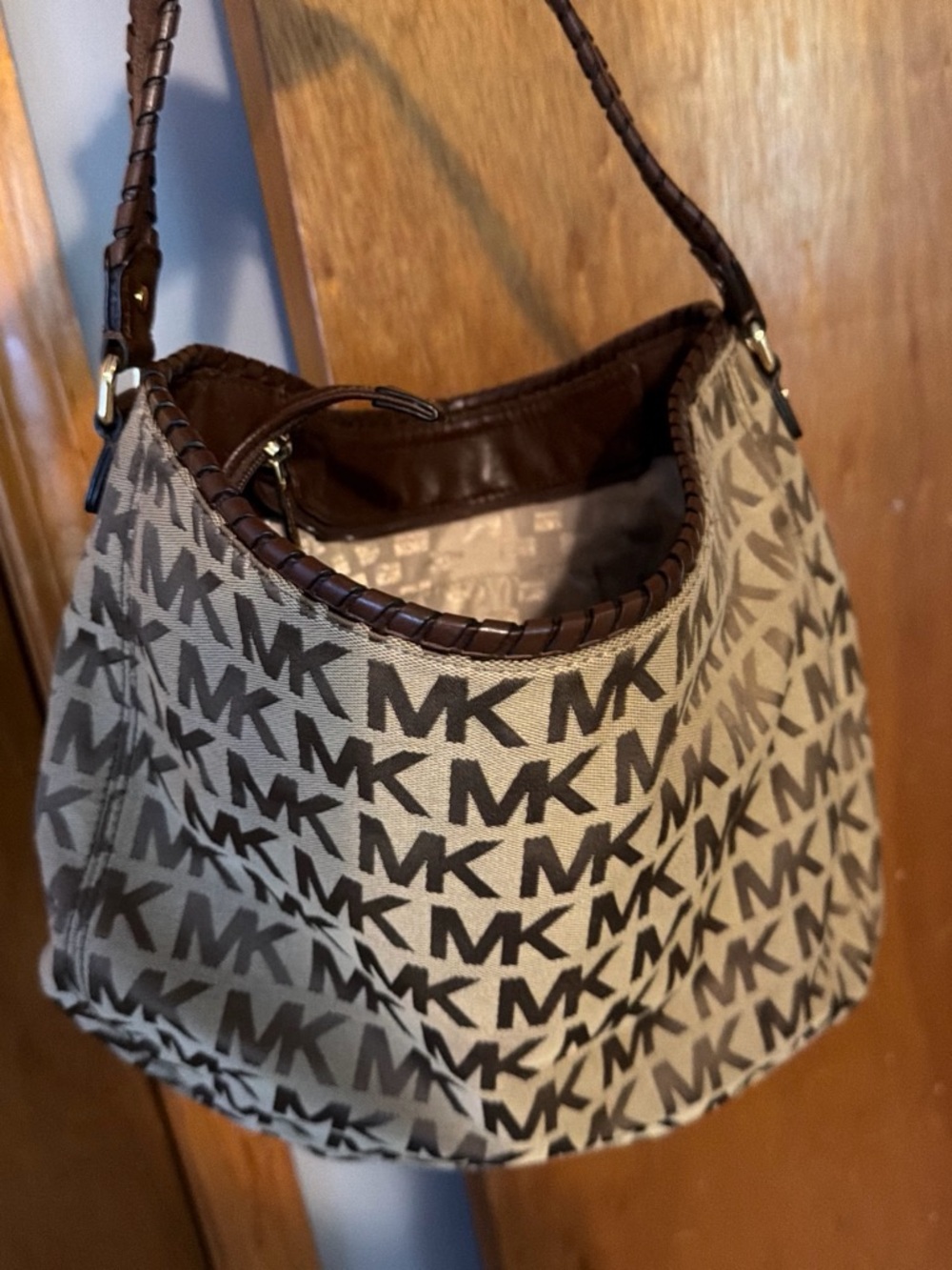 Michael Kors Beige and Brown MK Logo Shoulder Bag